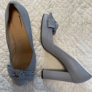Baby blue J Crew leather high heels with bows, made in Italy.